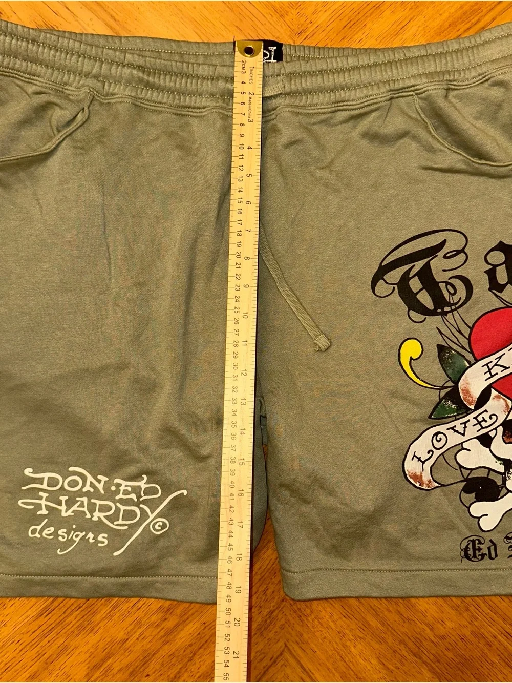 Ed Hardy Shorts Mens Size 2XL Green Fleece Sweat Tattoo Skull Love Kills Slowly
